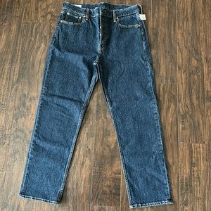 31 long, high rise straight jeans, dark wash, hidden button fly